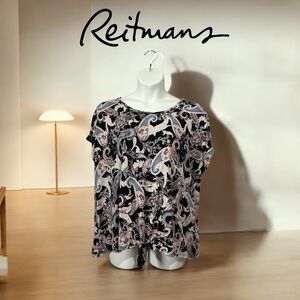 NWOT, Reitmans, Plus Size Paisley Tie-Front Top, 3X, Black, Pink, White